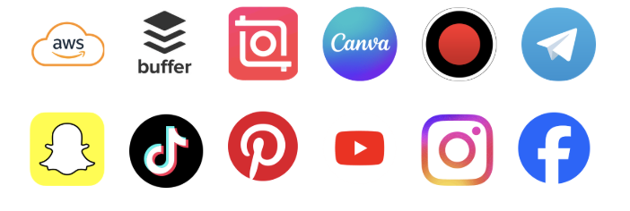 Tools — AWS, Buffer, InShot, Canva, TikTok, Snapchat, YouTube, Instagram, Facebook
