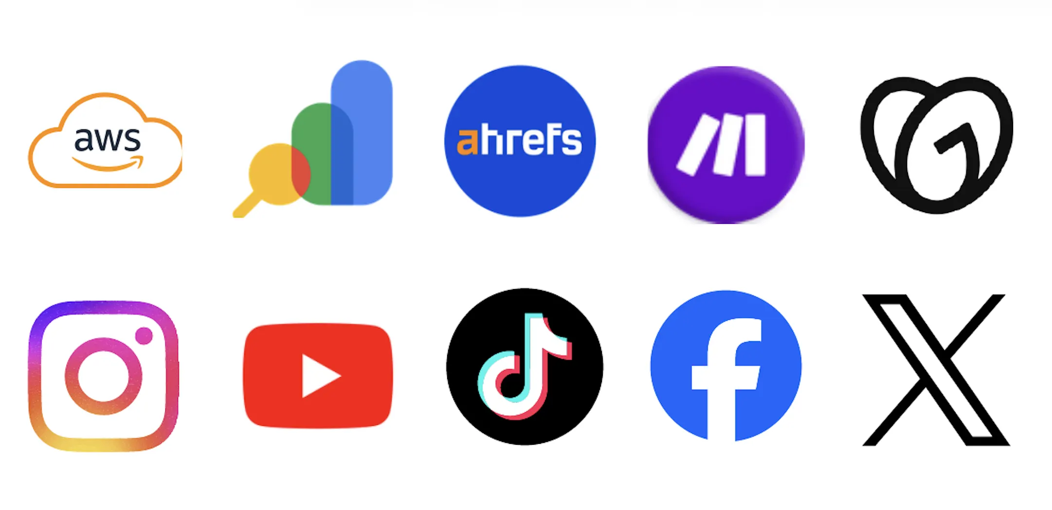 Marketing tools used — AWS, Ahrefs, Make, Instagram, YouTube, TikTok, Facebook, X